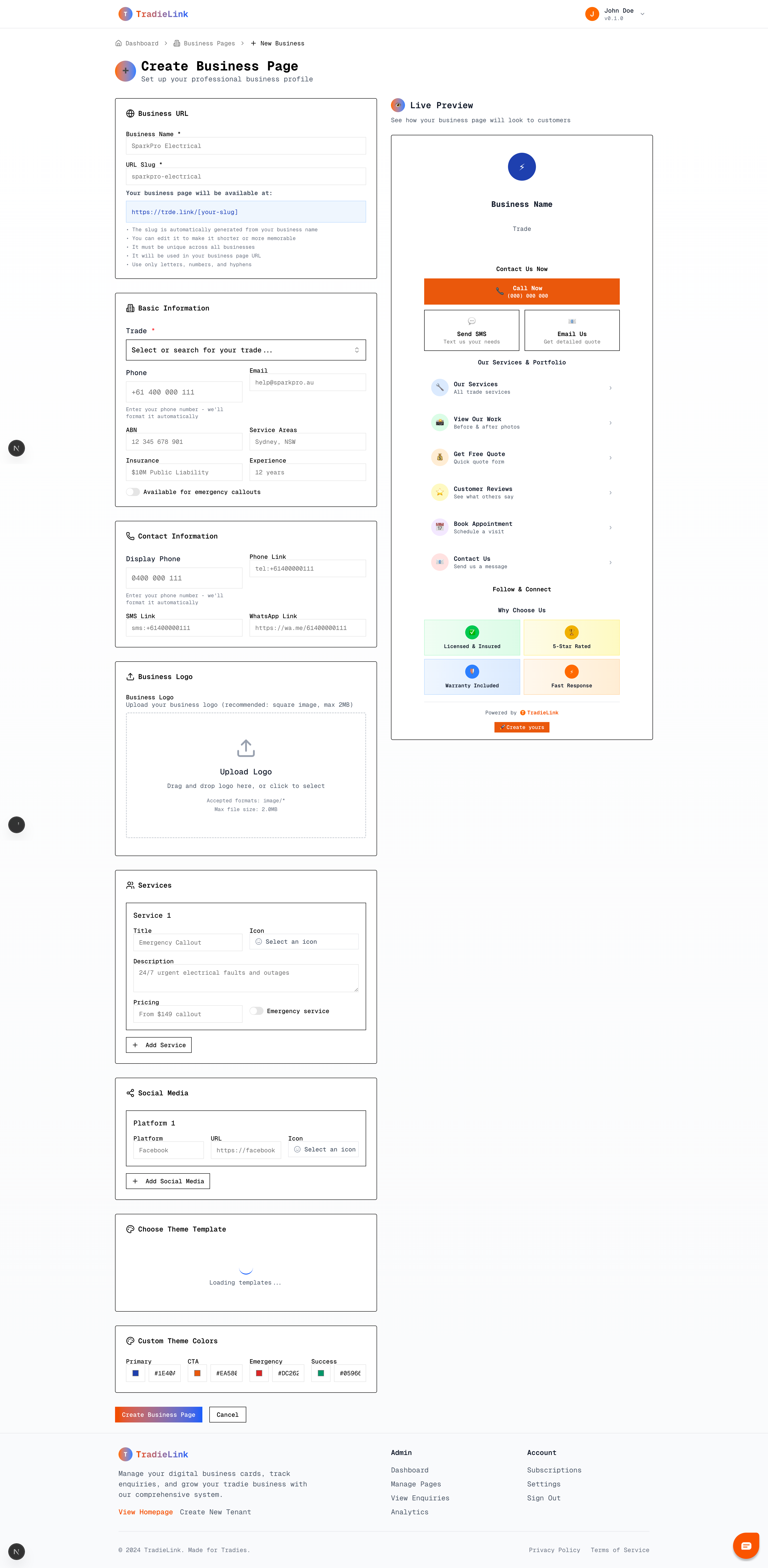 Create Business Page Screen