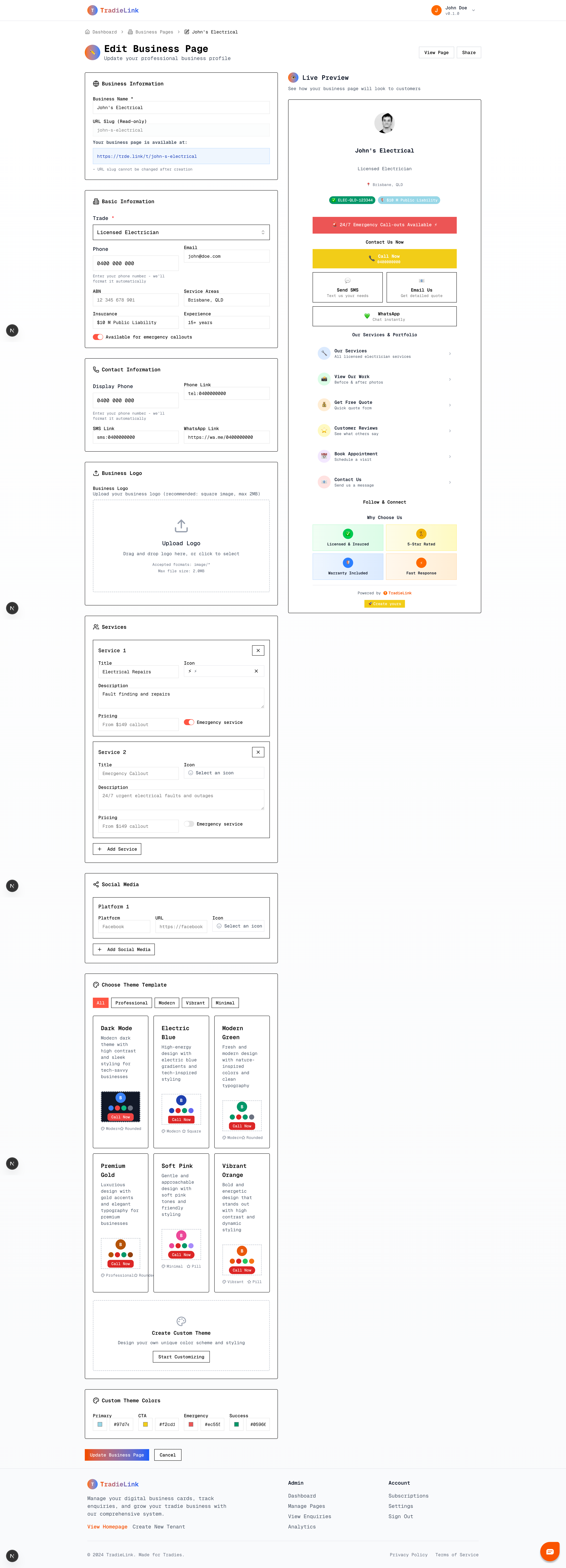 Edit Business Page Screen