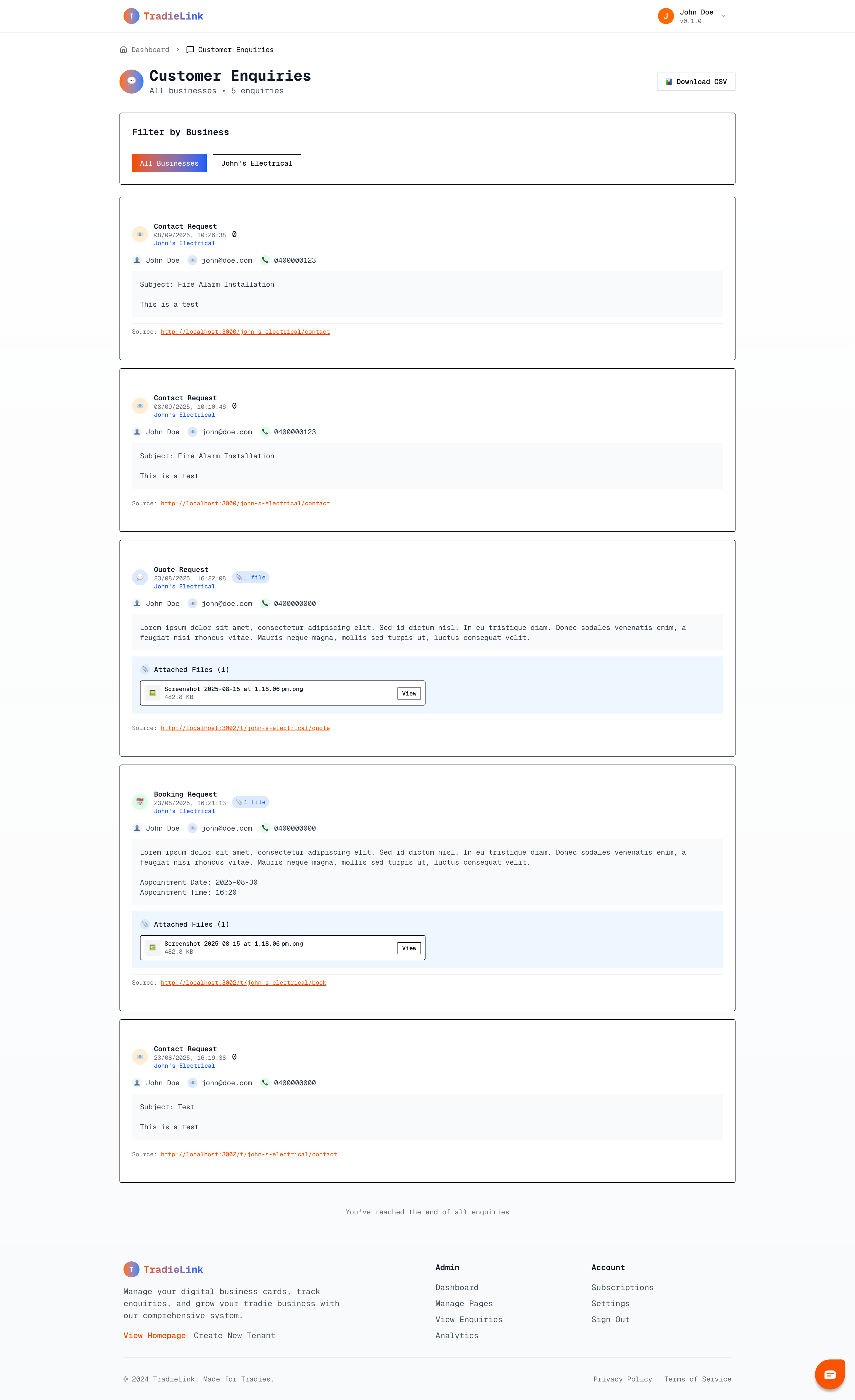 Enquiries Management Screen