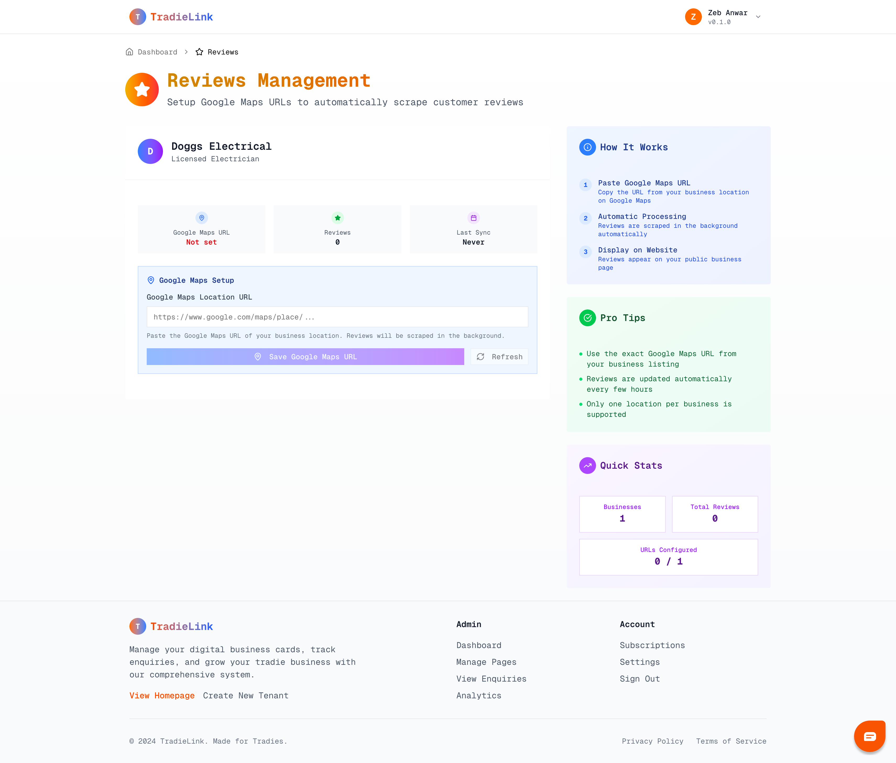 Reviews Management Screen